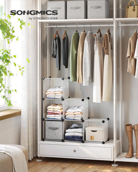 Songmics 6-cube storage interlocking design enabling flexible layouts in tight spaces.