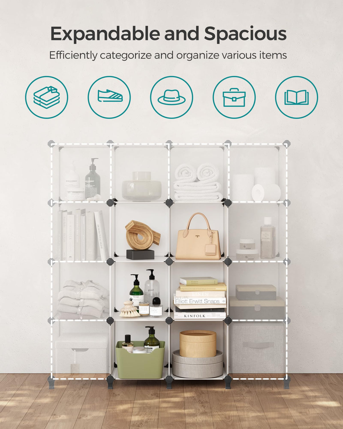 Songmics 6-cube storage ladder layout fits corners and expands usable wall space.