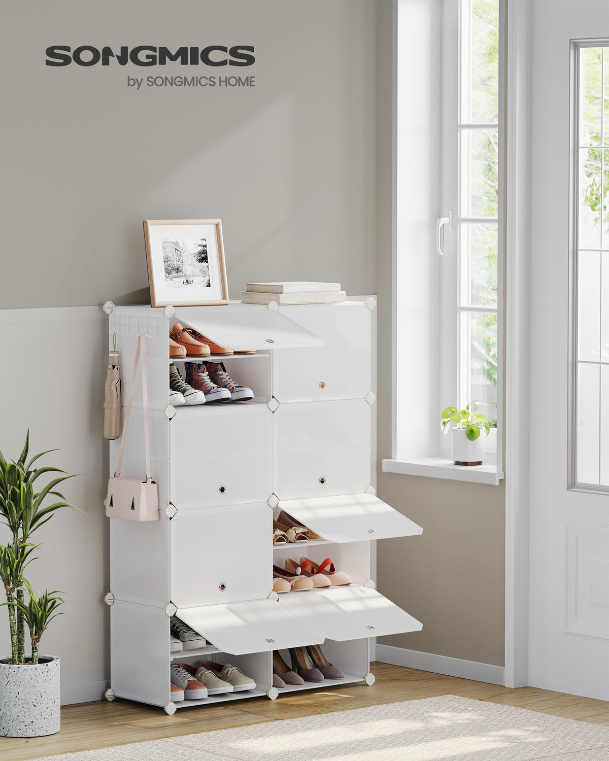 Songmics 8-tier shoe rack side panel highlighting sturdy steel construction