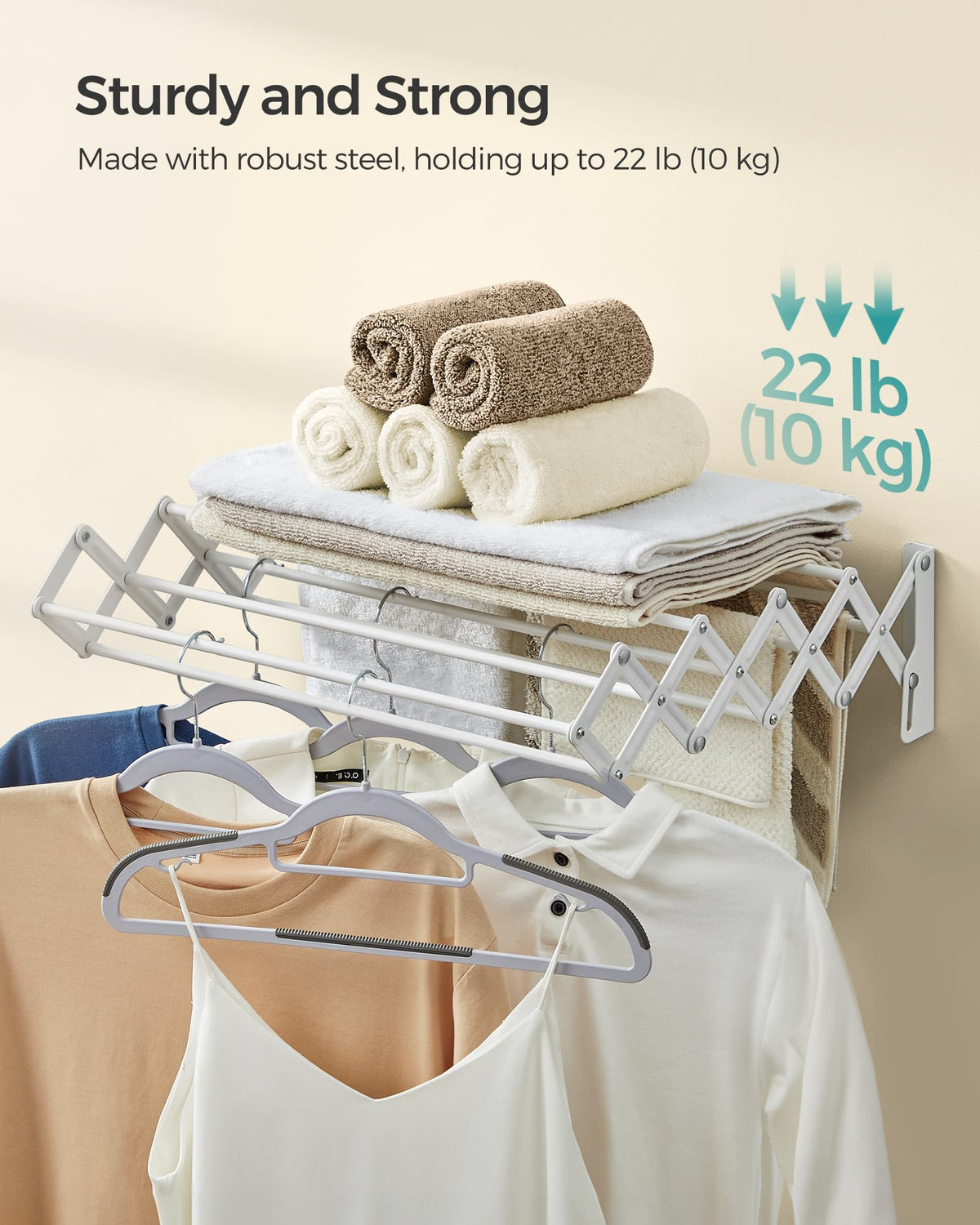Songmics accordion drying rack extended to reveal nine staggered rods for air circulation.