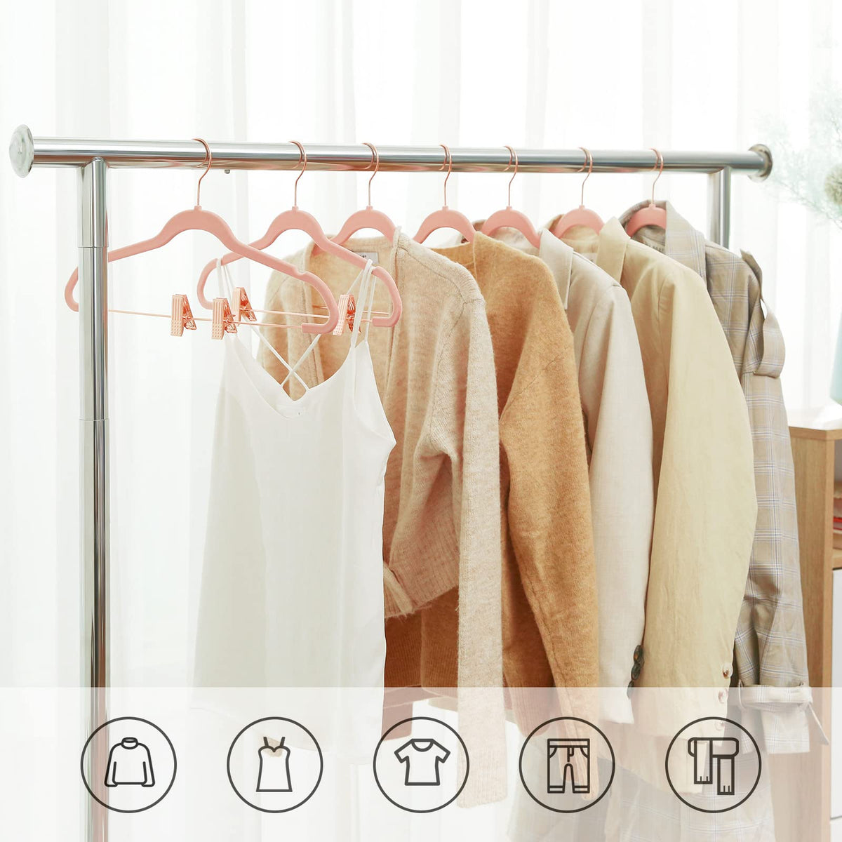 Songmics adjustable clip hangers with movable clips fit jeans and skirts securely.
