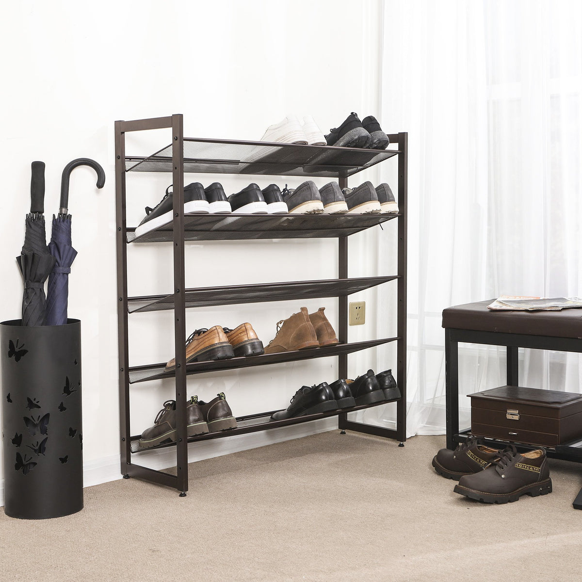 Songmics adjustable shelves shown flat and angled for easy access