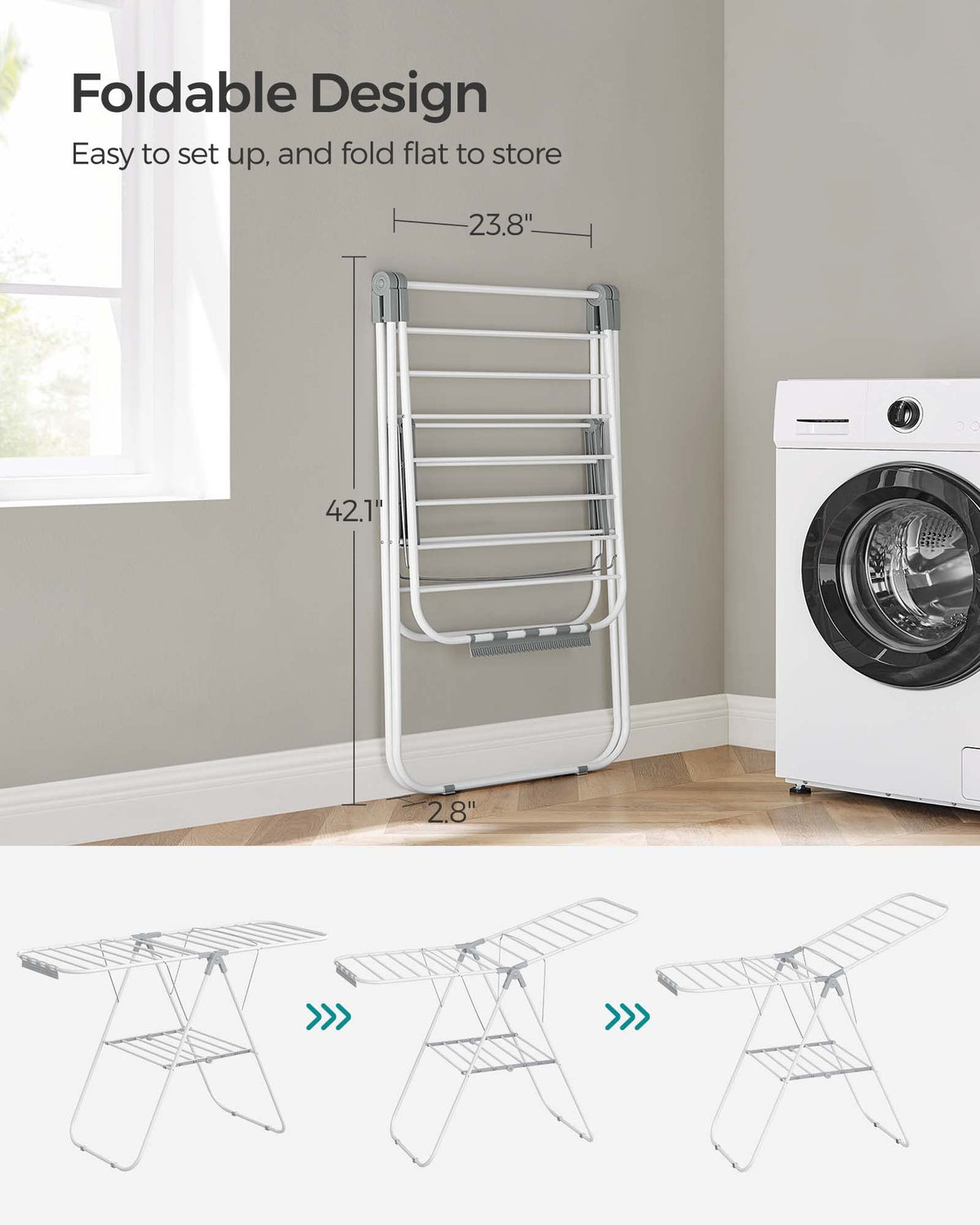Two adjustable wings on SongMics rack extend drying height for long garments.
