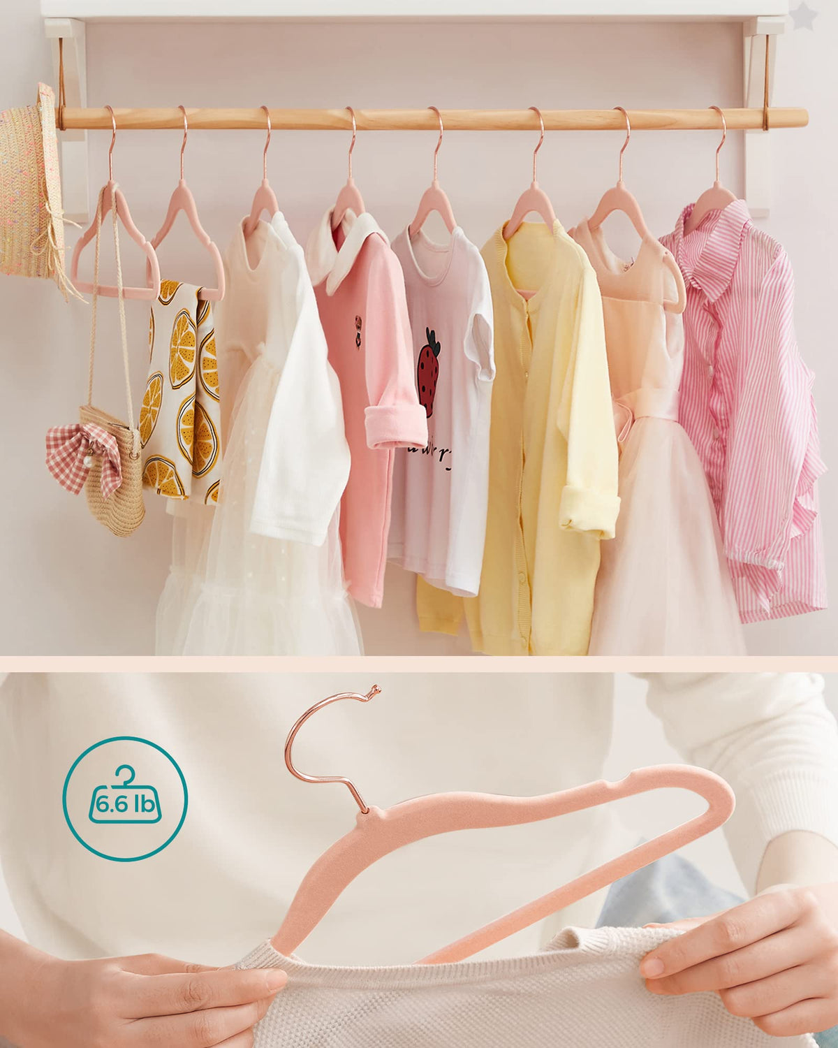 Rose-gold accents add a stylish touch to a nursery closet