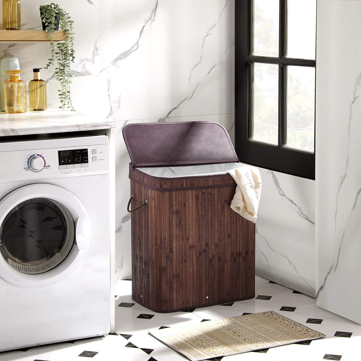 Songmics bamboo laundry basket side view highlights natural material and sturdy frame.