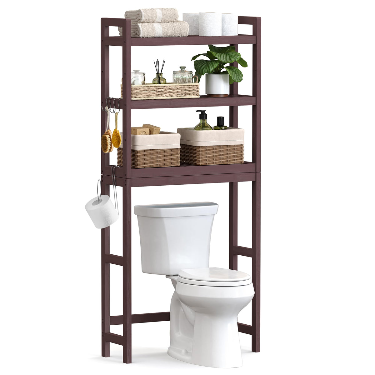 SONGMICS bamboo over-the-toilet storage with 3-tier shelves for compact bathroom organization.