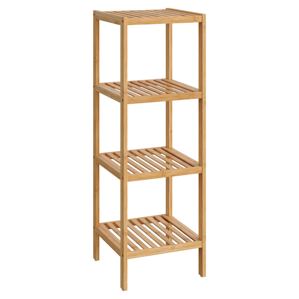 SONGMICS 4-tier bamboo shelf top view showing compact corner storage.