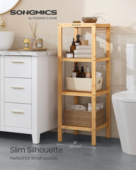 SONGMICS bamboo shelf side view highlights narrow profile for corners.