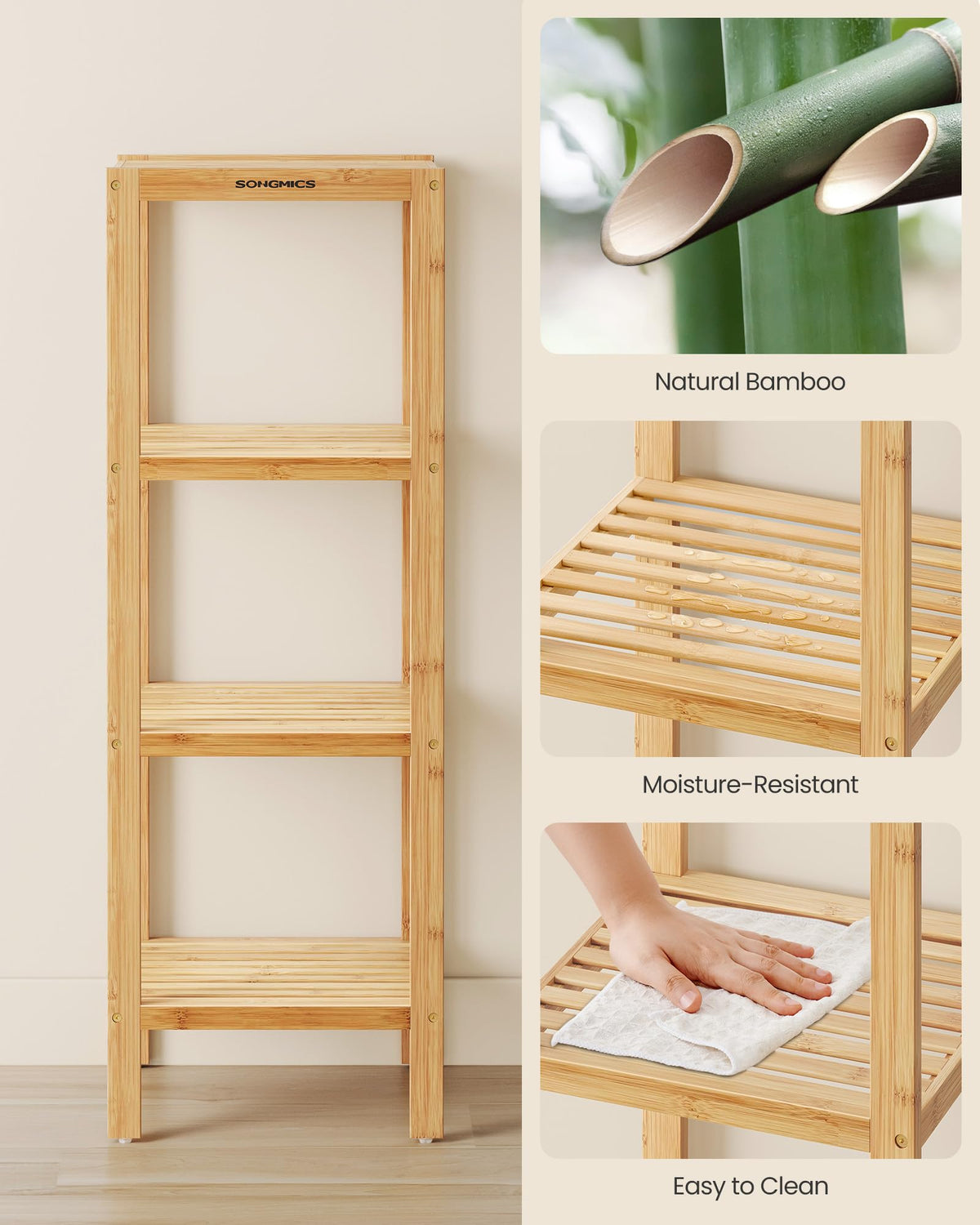 SONGMICS bamboo shelf close-up of slatted design promoting airflow.