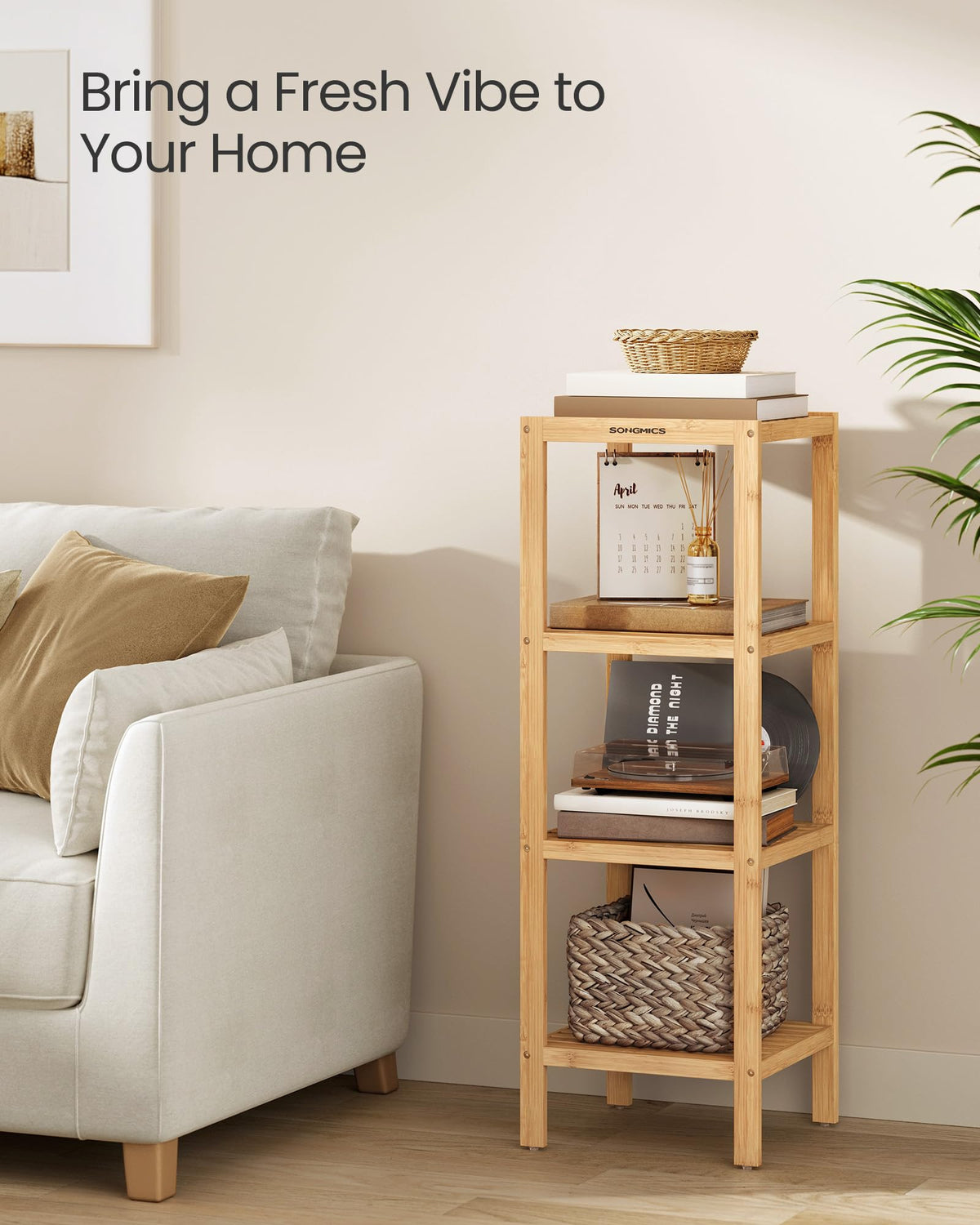 SONGMICS bamboo shelf sturdy 22 lb per shelf detail.