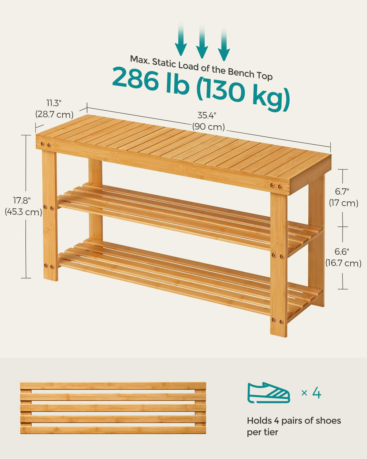 SONGMICS bamboo shoe bench with durable construction for daily wear