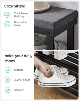 SONGMICS bamboo shoe bench supports up to 300 lb on the seat for stable use.