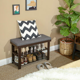SONGMICS Bamboo Shoe Bench front view shows cushioned top and two storage shelves.