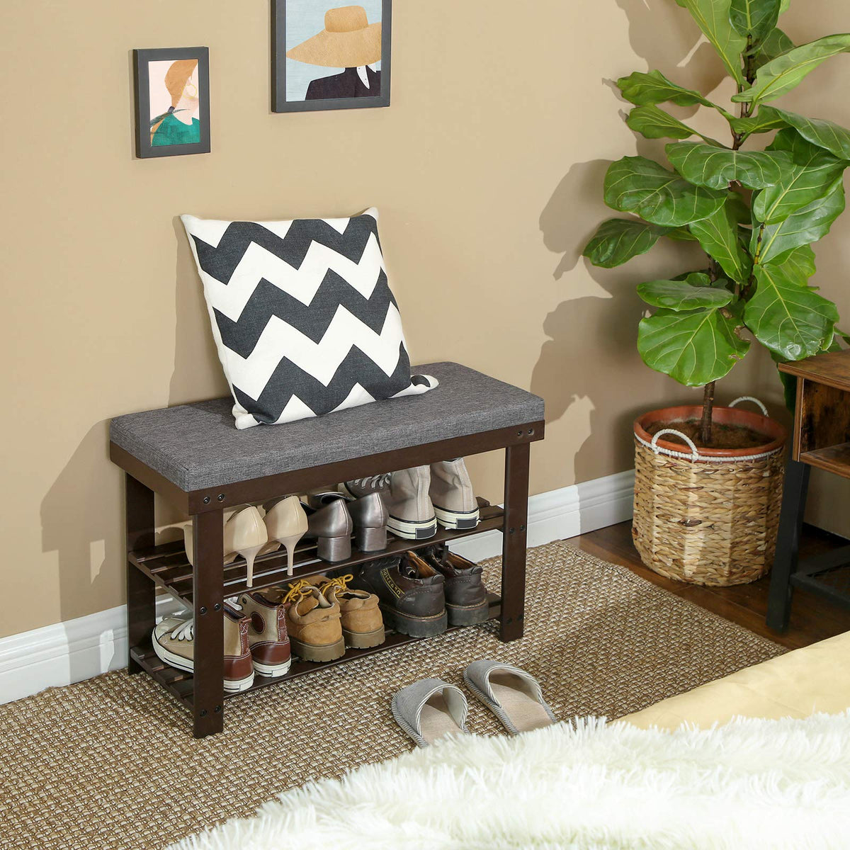 SONGMICS Bamboo Shoe Bench front view shows cushioned top and two storage shelves.