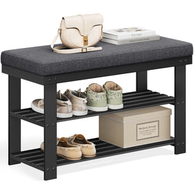 SONGMICS bamboo shoe bench ink black seat, sturdy entryway seating with reliable support.