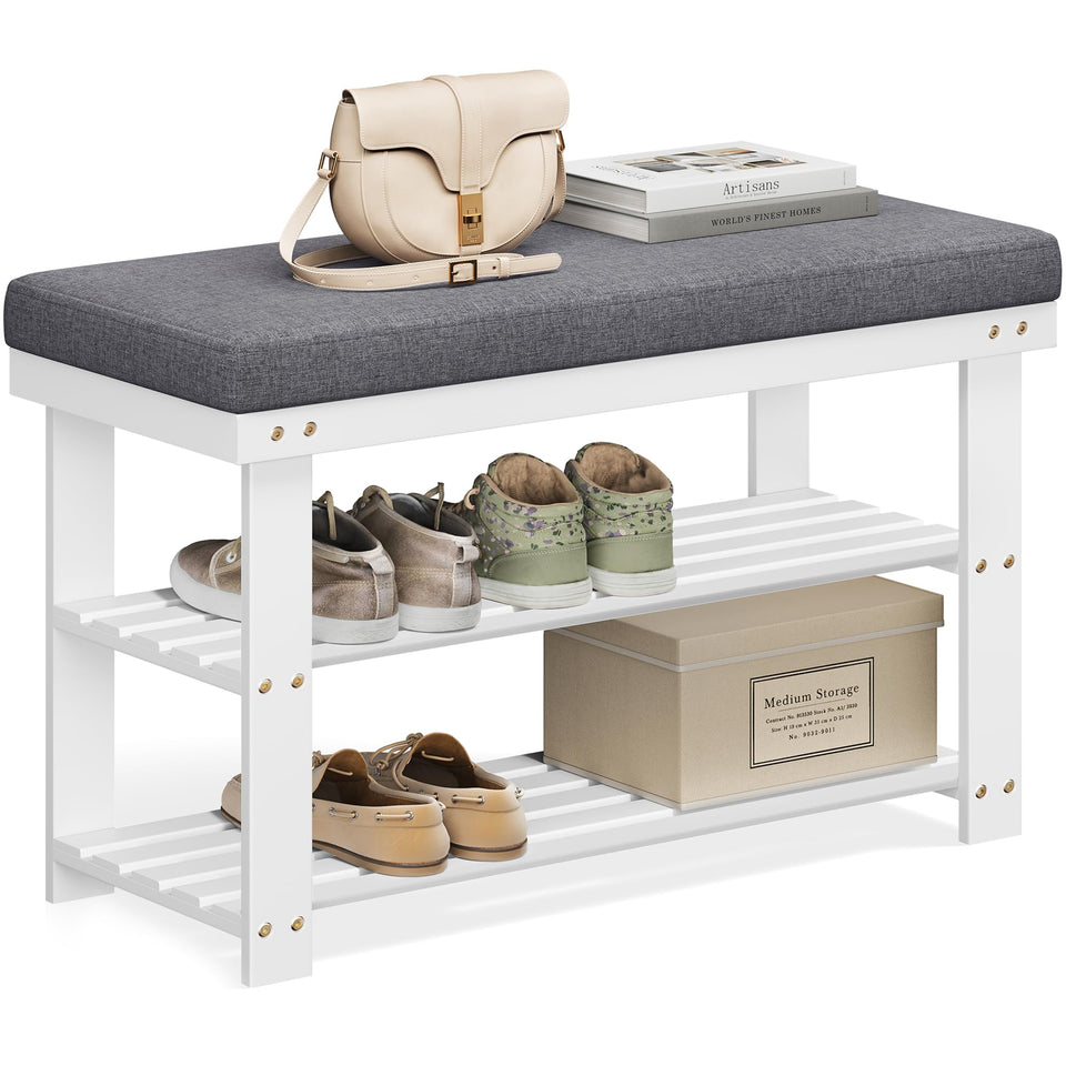 SONGMICS bamboo shoe bench padded seat offers comfortable entryway seating.