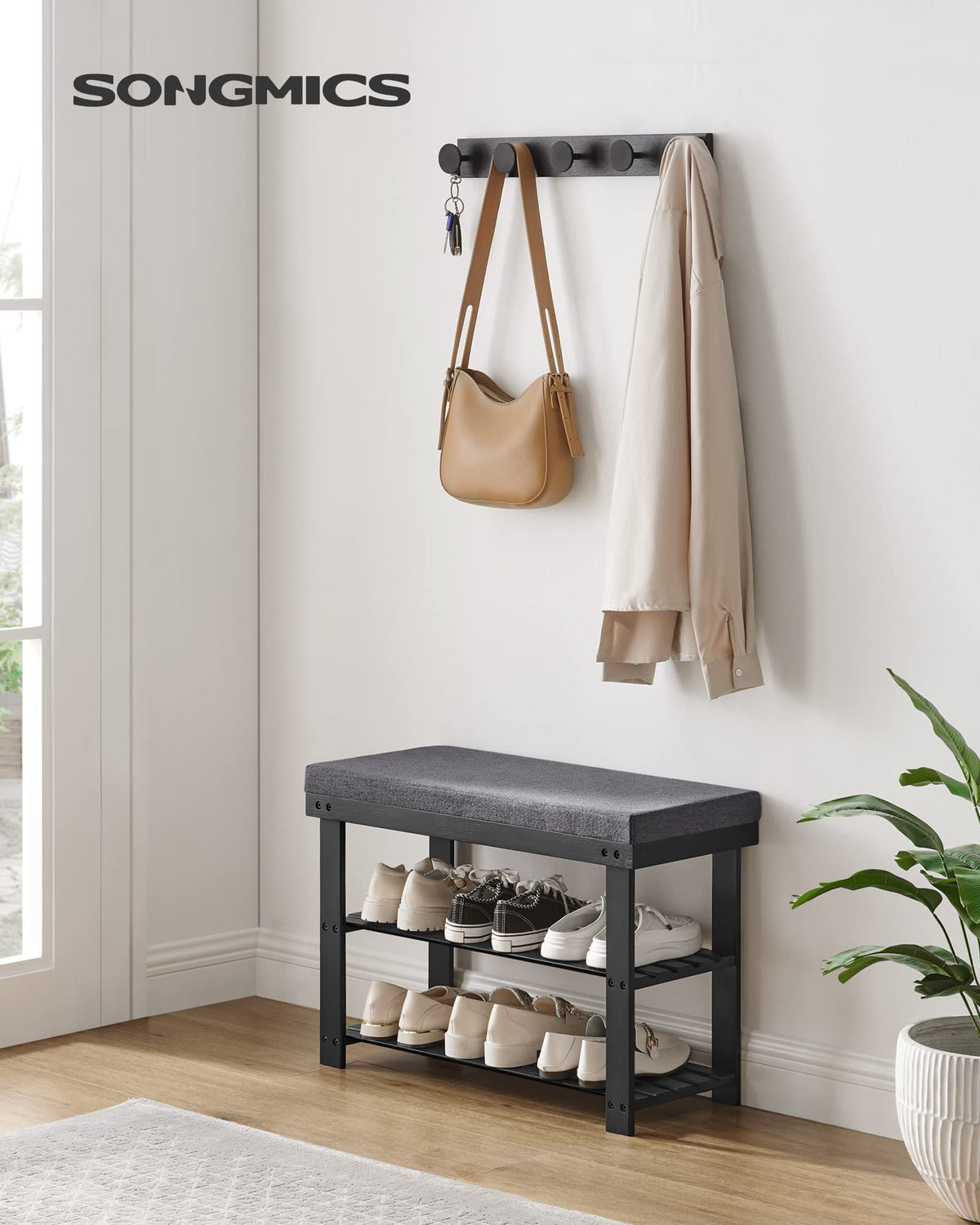 SONGMICS bamboo shoe bench slate gray with two shelves for organized footwear storage.