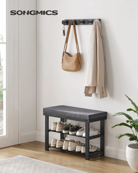 SONGMICS bamboo shoe bench slate gray with two shelves for organized footwear storage.