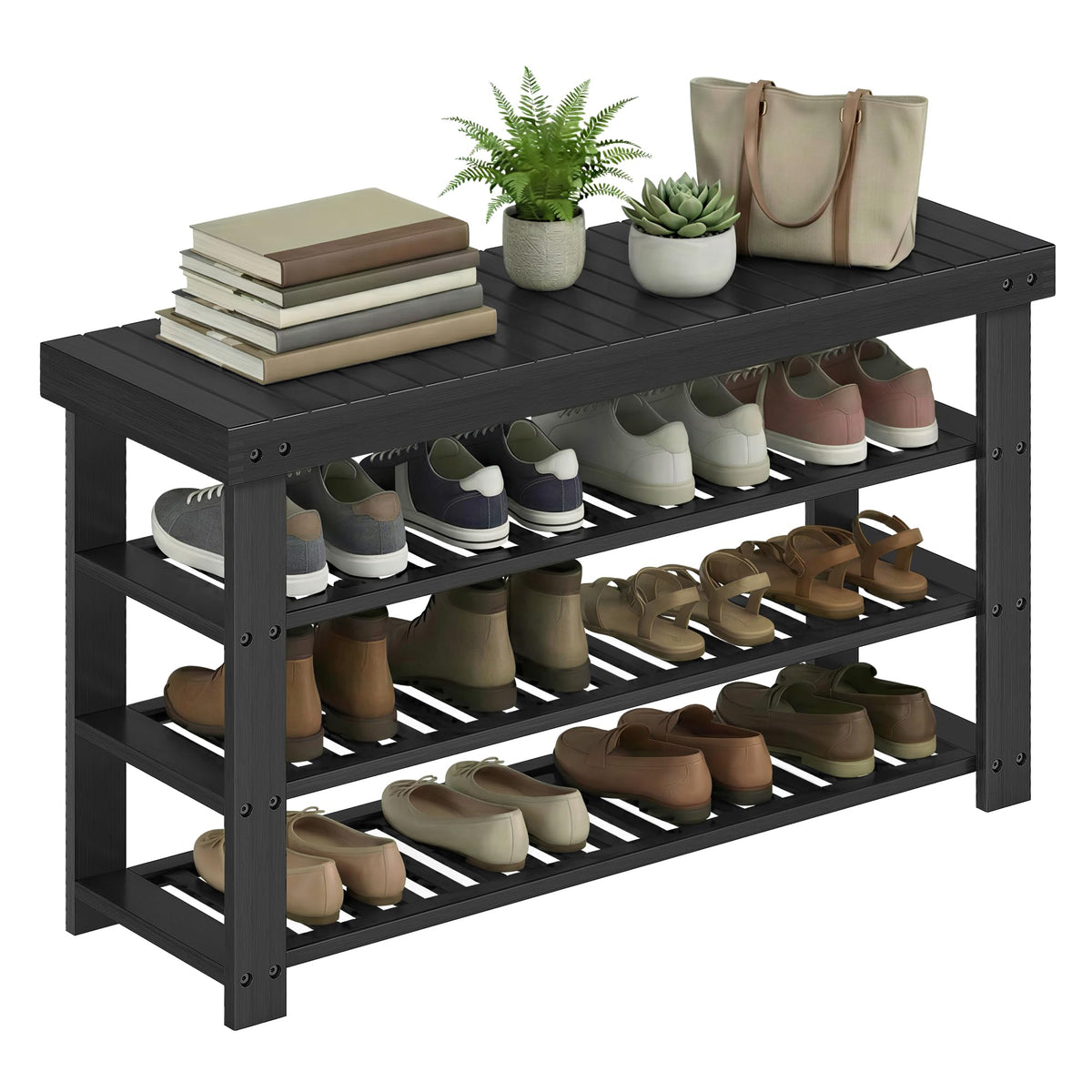 SONGMICS bamboo shoe rack bench with four tiers keeps entryway organized