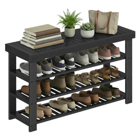 SONGMICS bamboo shoe rack bench with four tiers keeps entryway organized