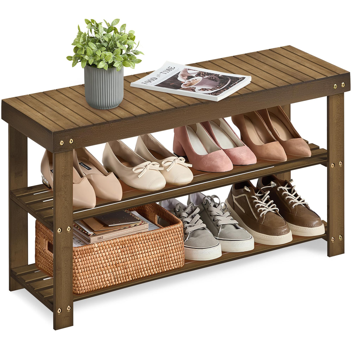 SONGMICS bamboo shoe rack bench front view with two spacious shelves for eight pairs.