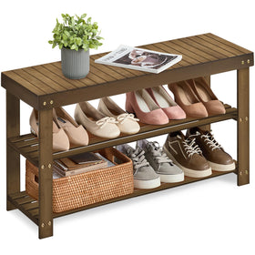 SONGMICS bamboo shoe rack bench front view with two spacious shelves for eight pairs.