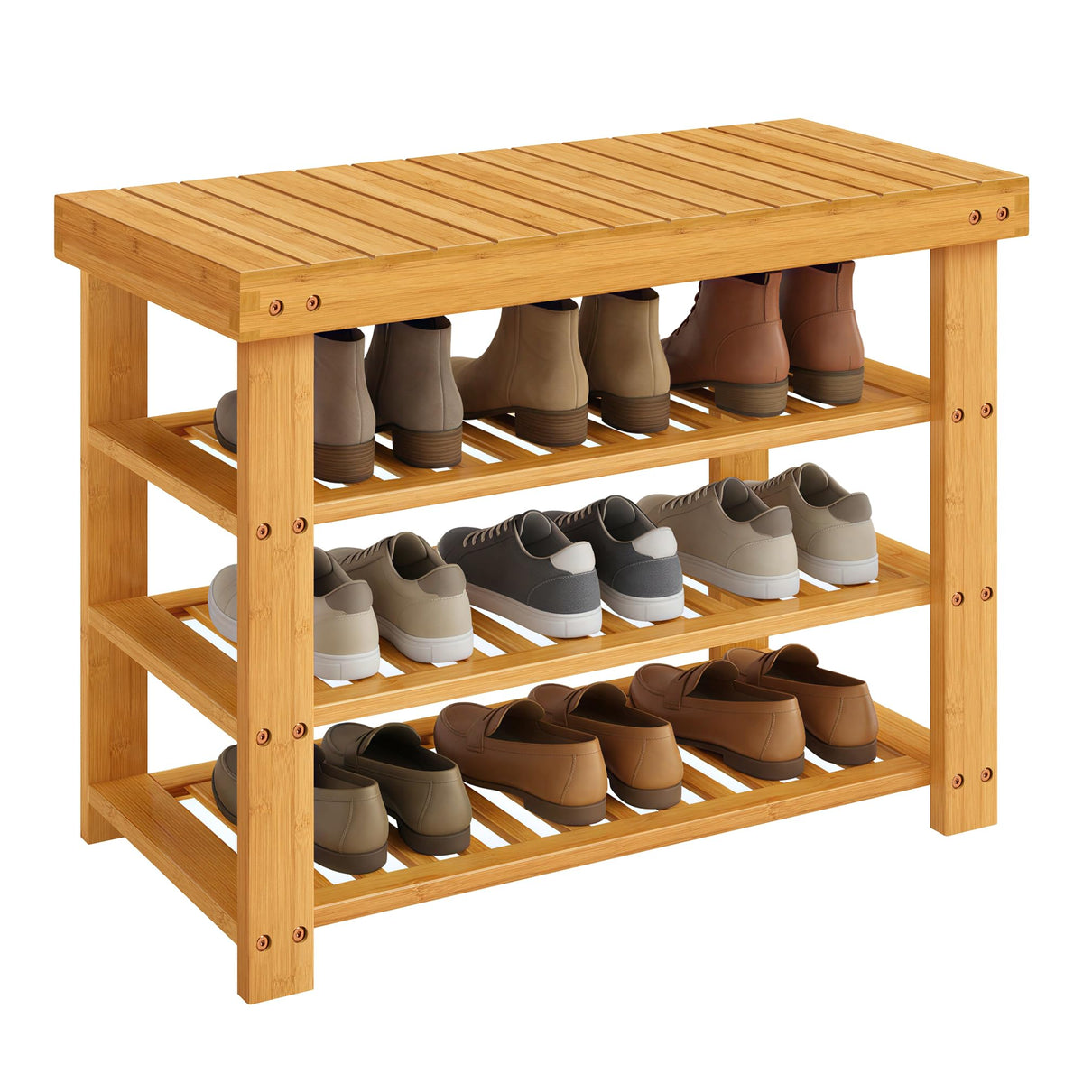 SONGMICS bamboo shoe rack bench front view shows organized entryway storage