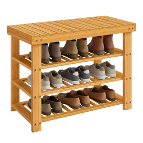 SONGMICS bamboo shoe rack bench front view shows organized entryway storage