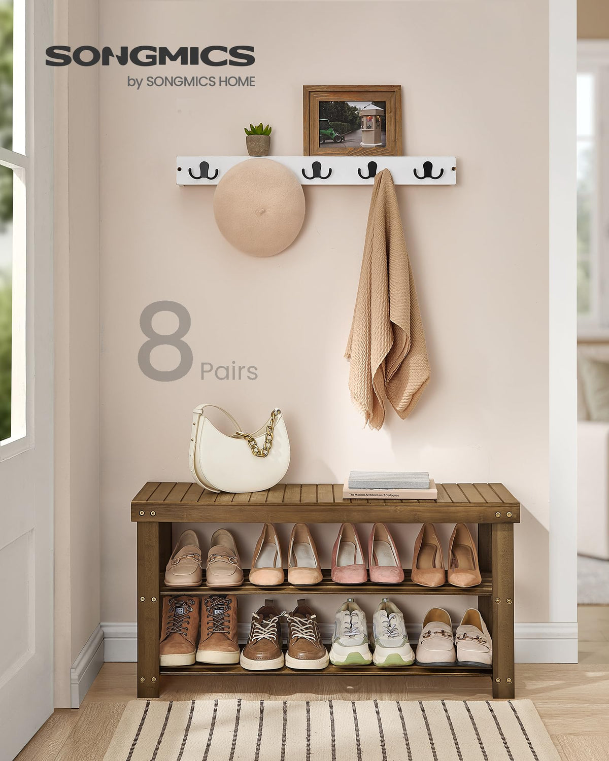 SONGMICS bamboo shoe rack bench shelves close-up showing sturdy top panel.
