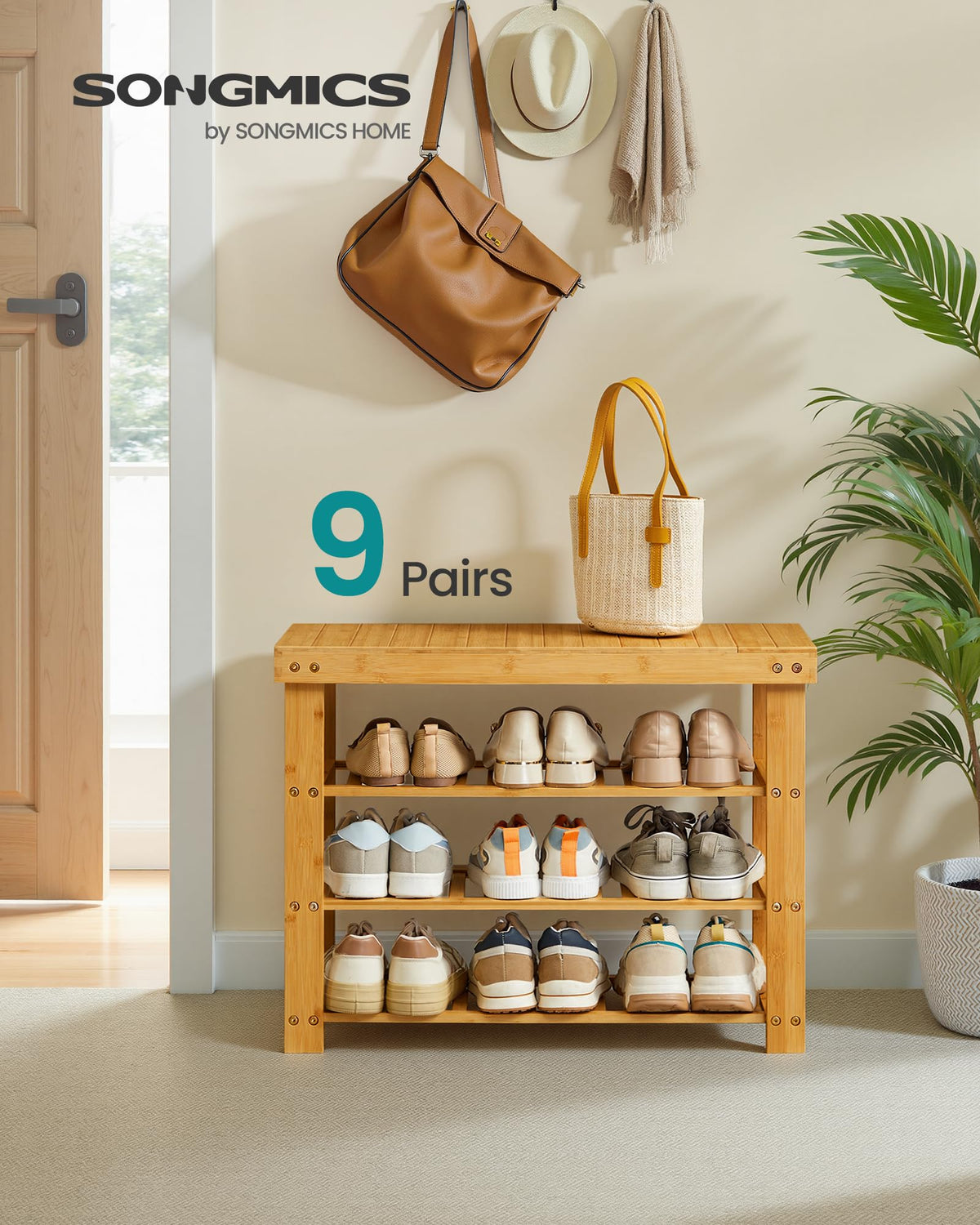 SONGMICS bamboo shoe rack bench side view shows sturdy top and shelf stability