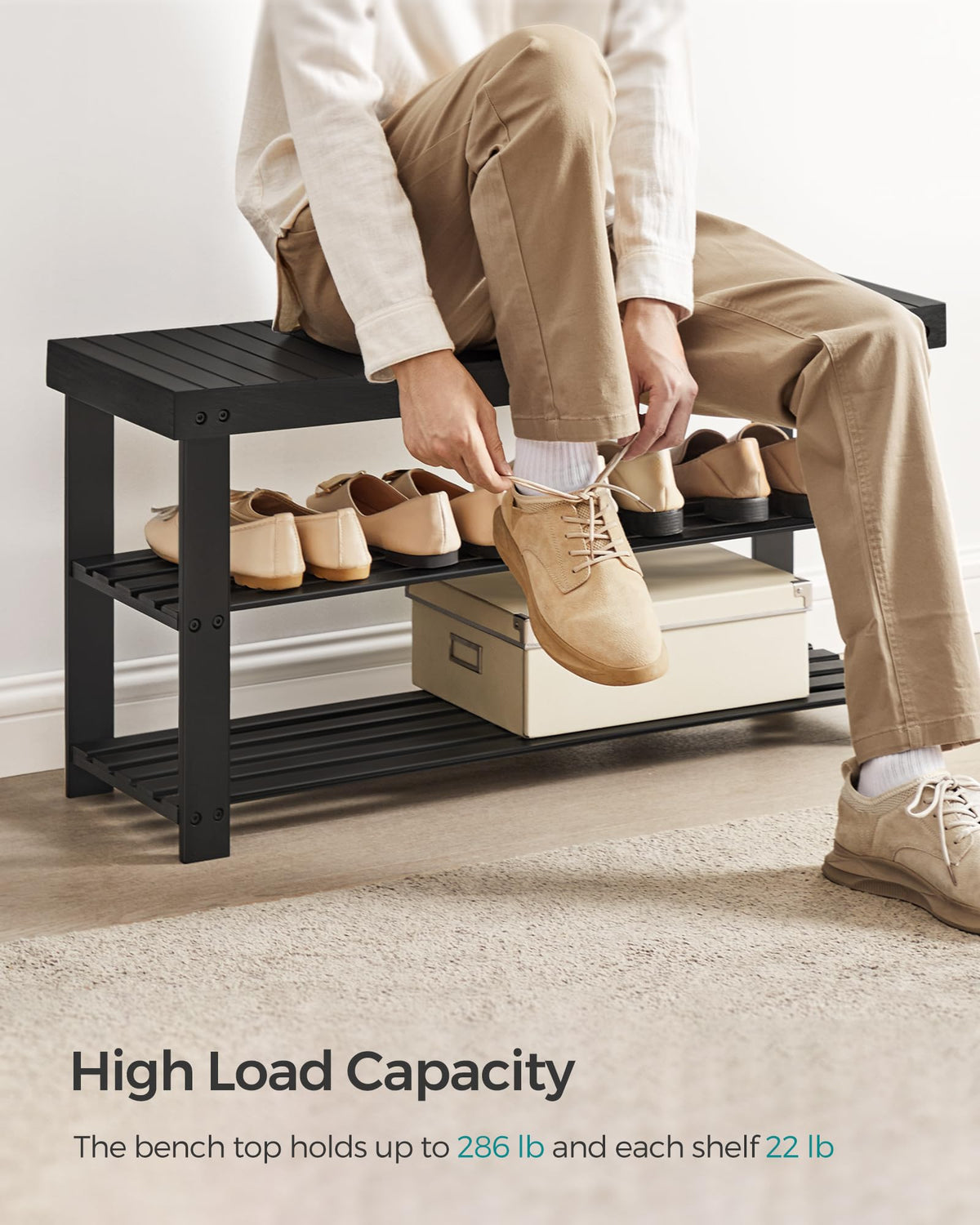 SONGMICS bamboo shoe rack bench sturdy construction supports seating