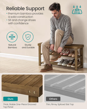 SONGMICS bamboo shoe rack bench top viewed with bags and essentials.