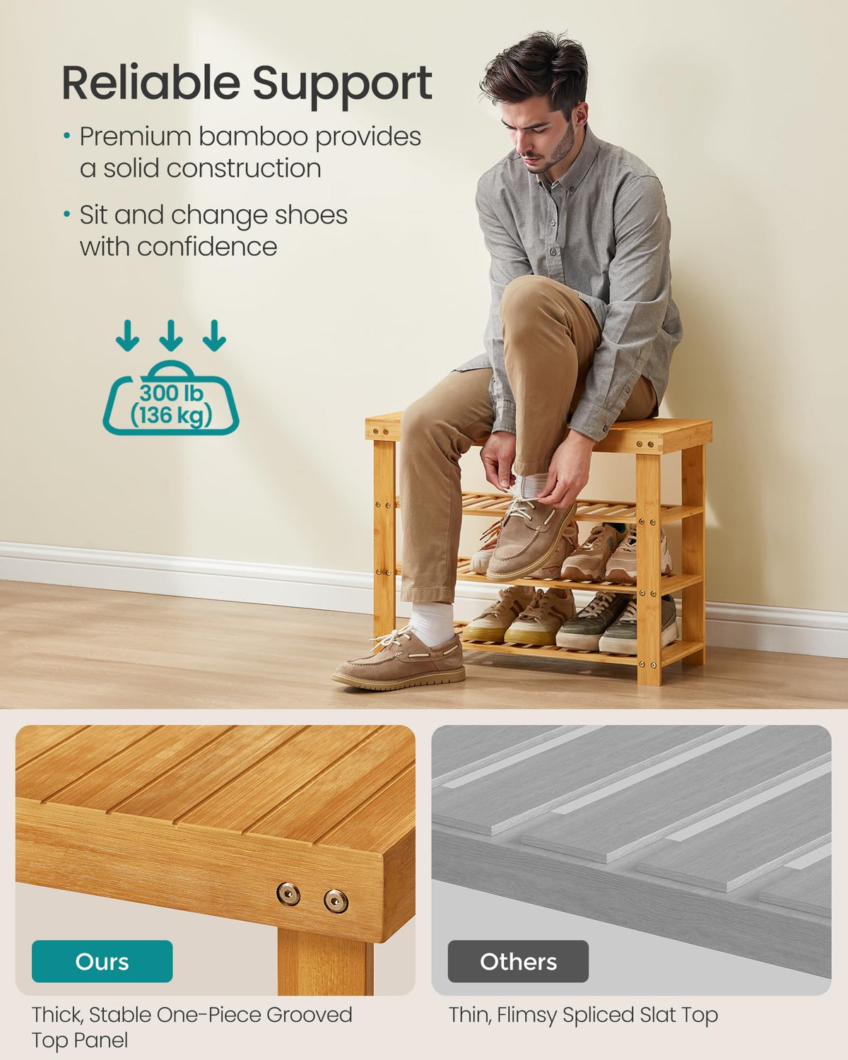 SONGMICS bamboo shoe rack bench top surface demonstrates space for bags