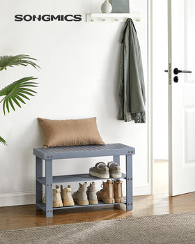 SONGMICS bamboo shelves hold six pairs of shoes for organized entryways.