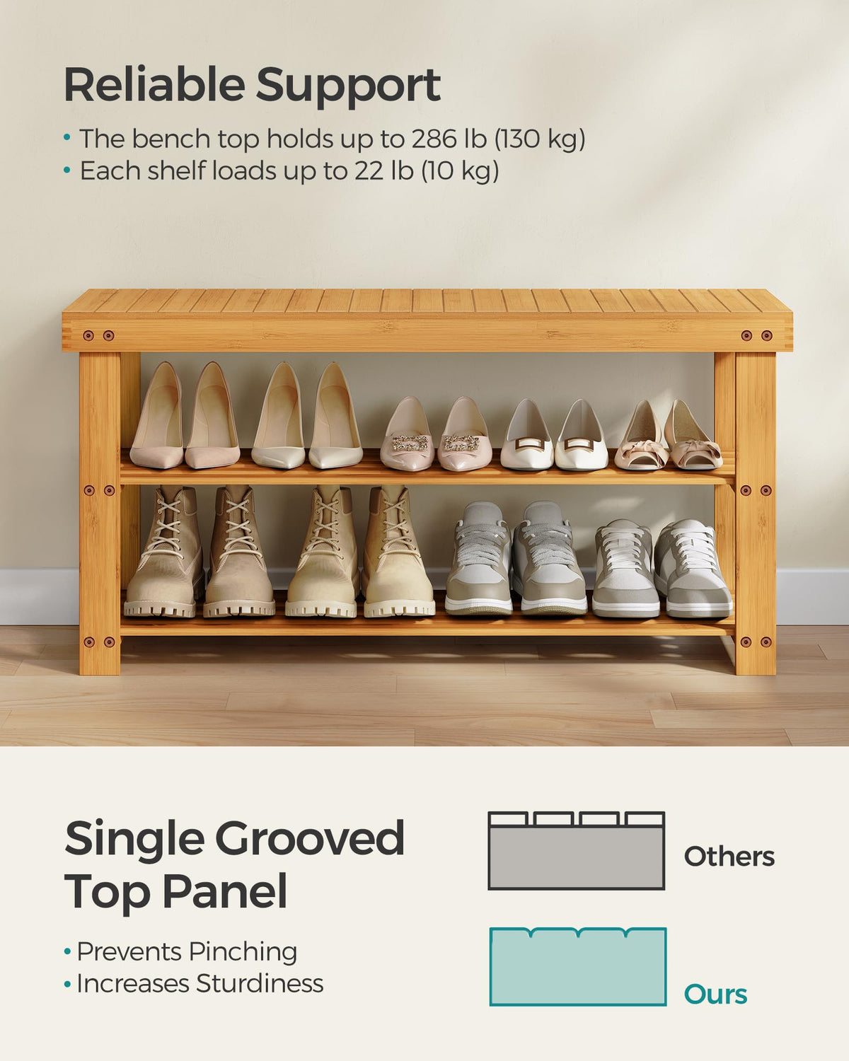 SONGMICS bamboo shoe storage top-panel supports up to 286 lb for sturdy use