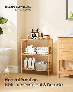 SongMICS bamboo storage shelf showing adjustable shelves for varied items