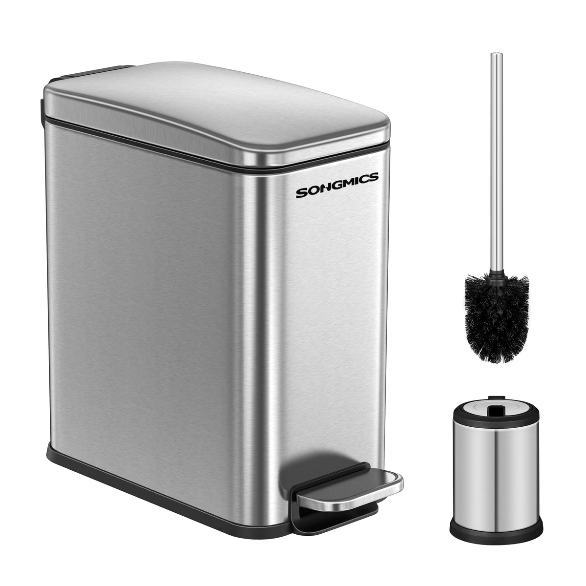 SONGMICS bathroom trash can with lid, compact stainless steel for small spaces.