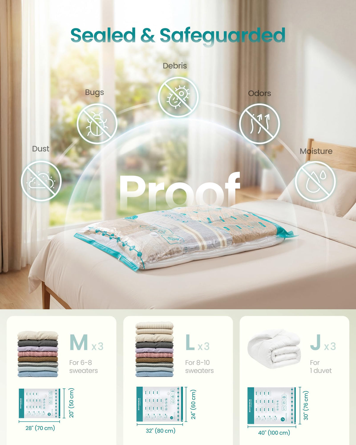 Bedding and clothes compressed to save space for travel.