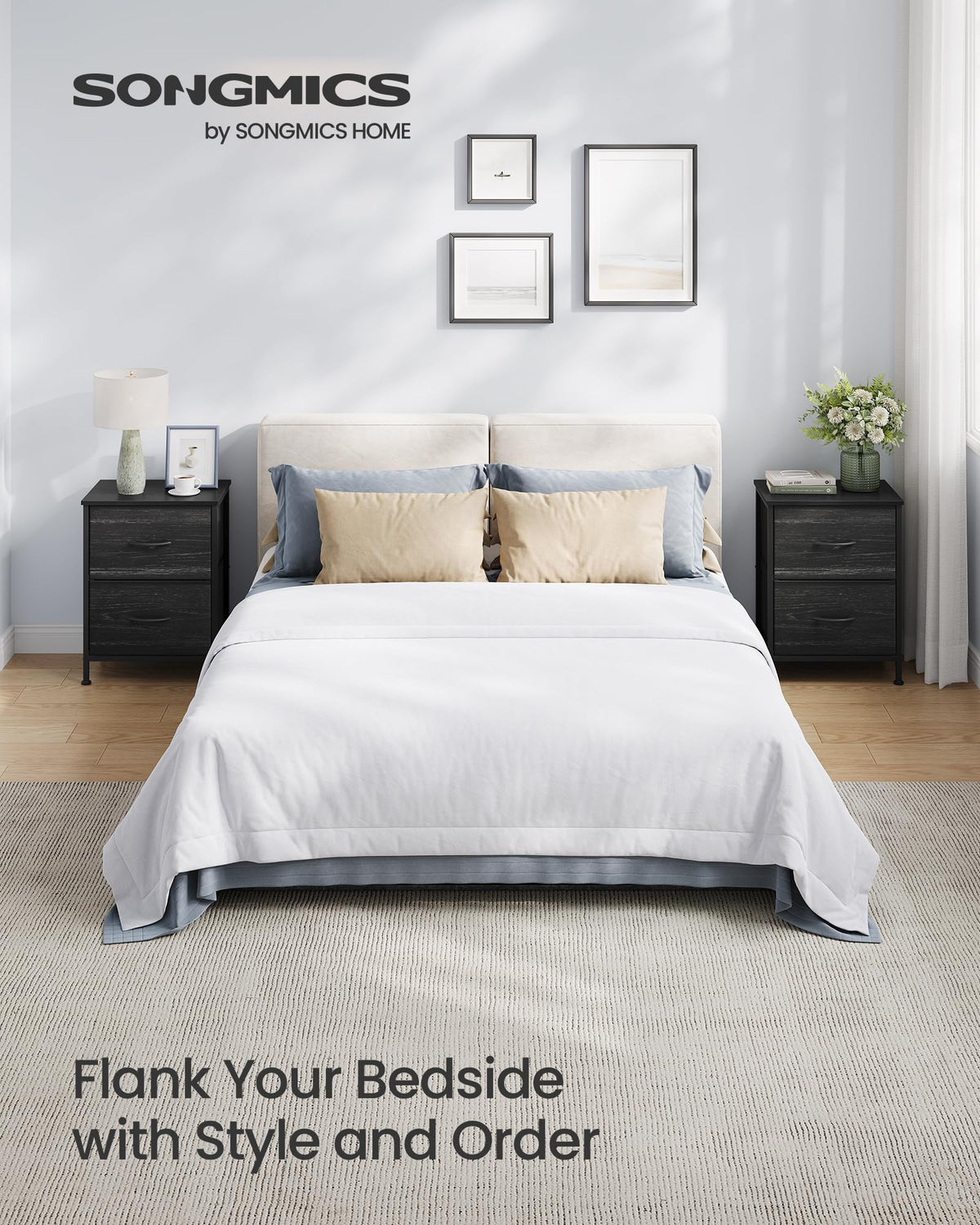 SONGMICS BELLAH dresser top surface ideal for lamp and clock organization.