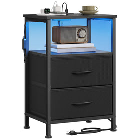 SONGMICS BELLAH nightstand with charging station and LED lights beside the bed