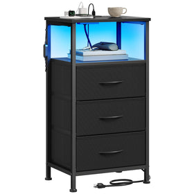 SONGMICS Bellah nightstand charging station view with built-in outlets and USB ports.
