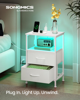 SONGMICS BELLAH nightstand drawers open showing extra storage.
