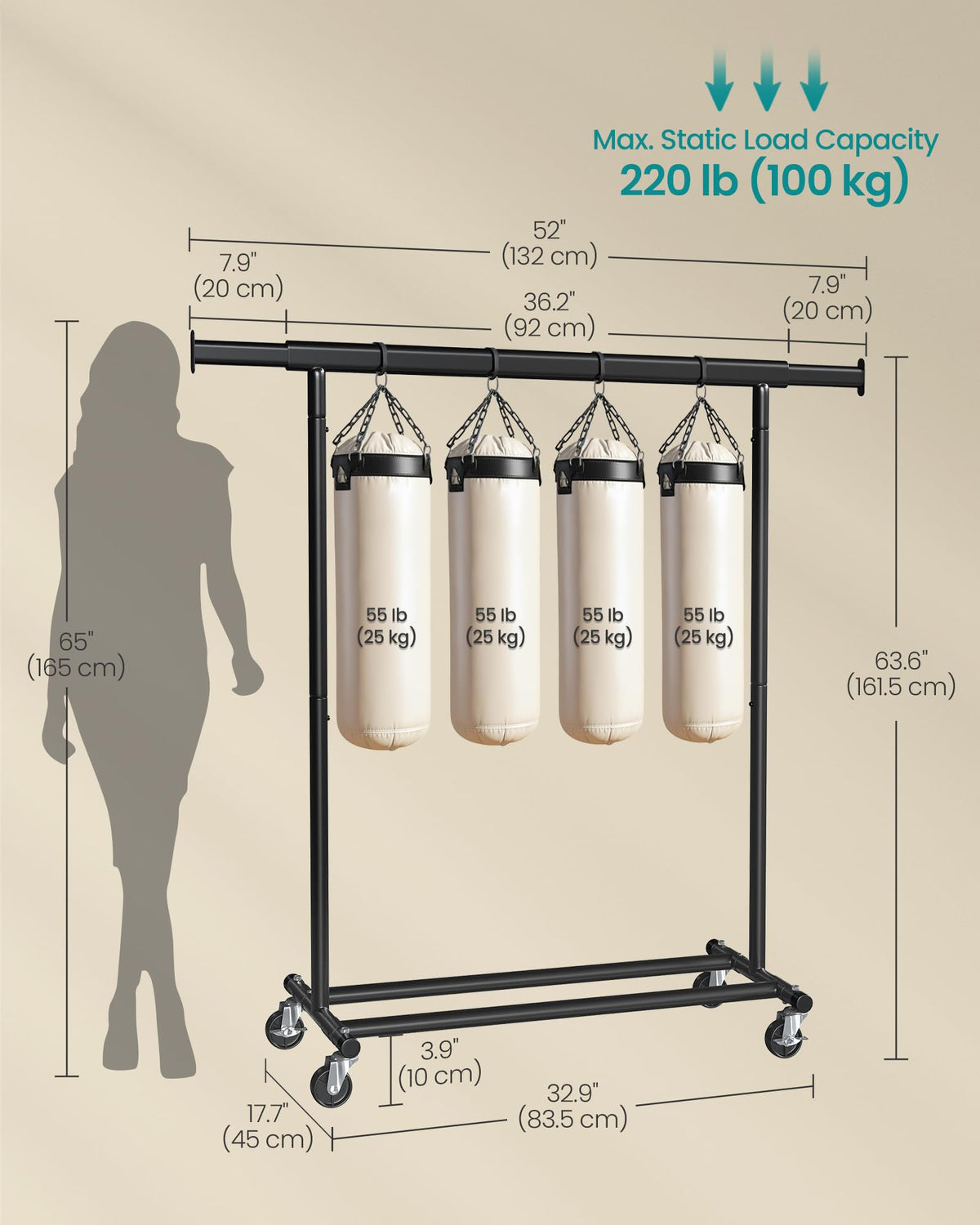 SONGMICS bottom bars accommodate storage boxes and accessories.