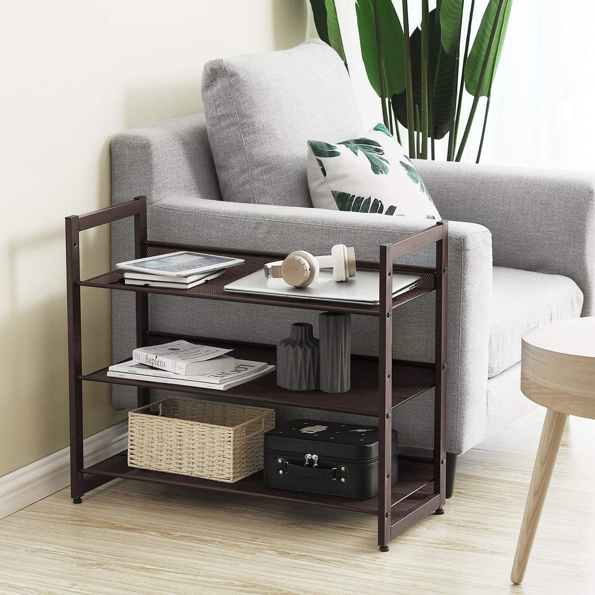 SONGMICS bronze shoe rack with angled shelves for quick footwear access