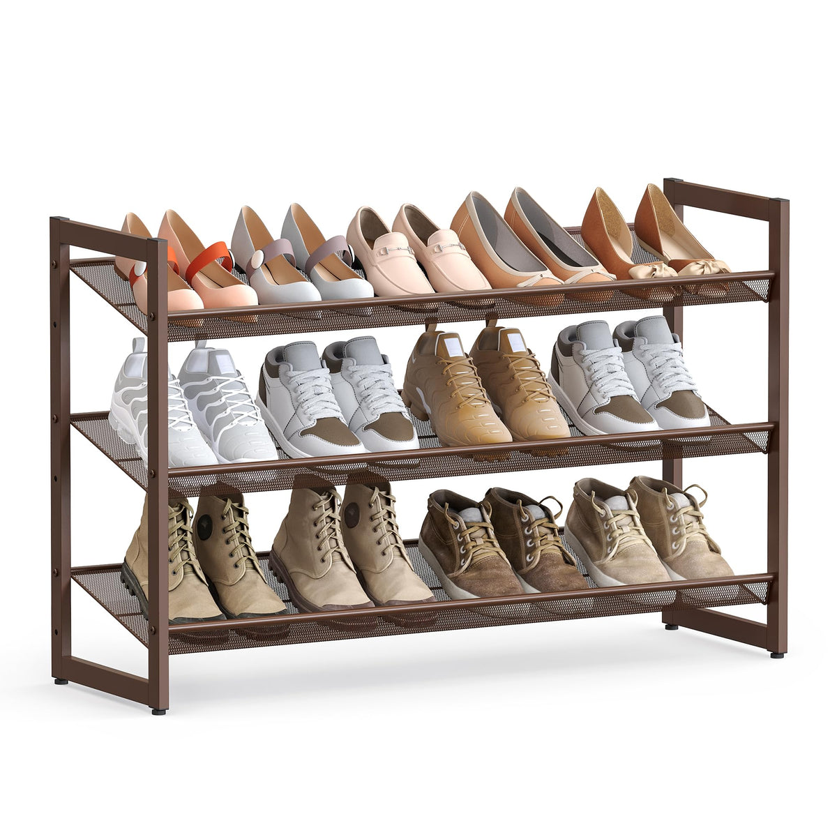 SONGMICS 3-Tier Shoe Rack front view with bronze frame for easy access