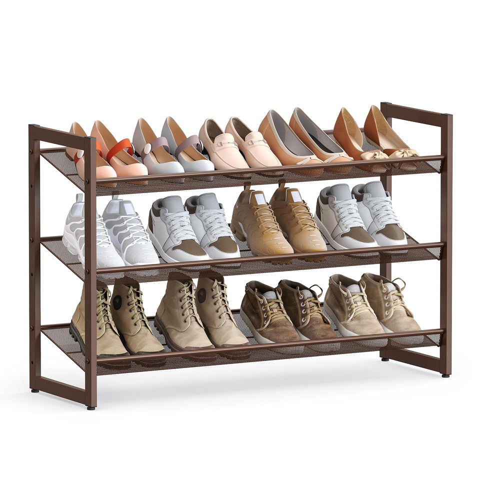 SONGMICS 3-Tier Shoe Rack front view with bronze frame for easy access