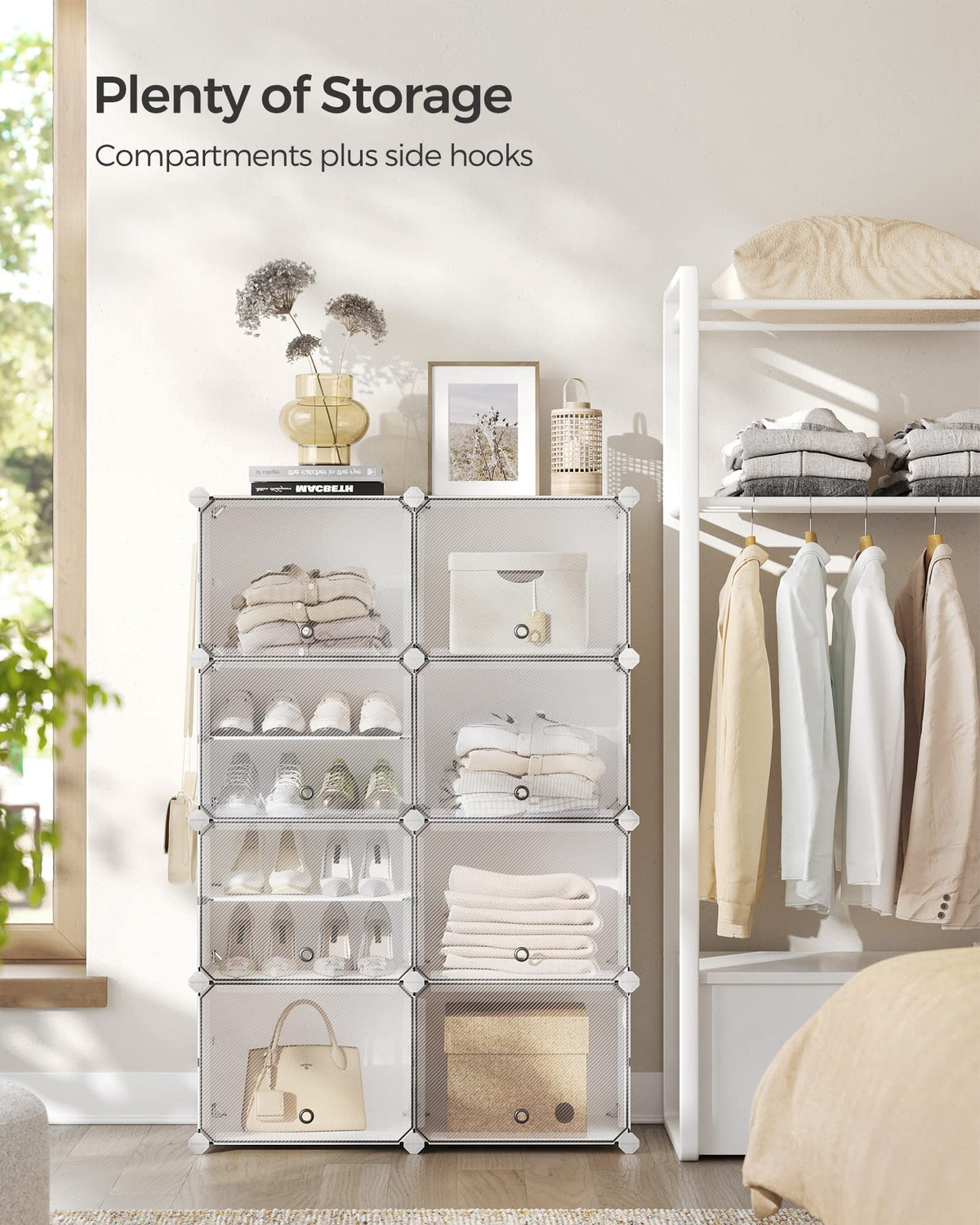 SONGMICS clear-door shoe cabinet protects footwear from dust.