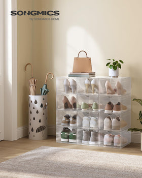 SONGMICS clear shoe box stackable design keeps footwear dust-free and neatly displayed.
