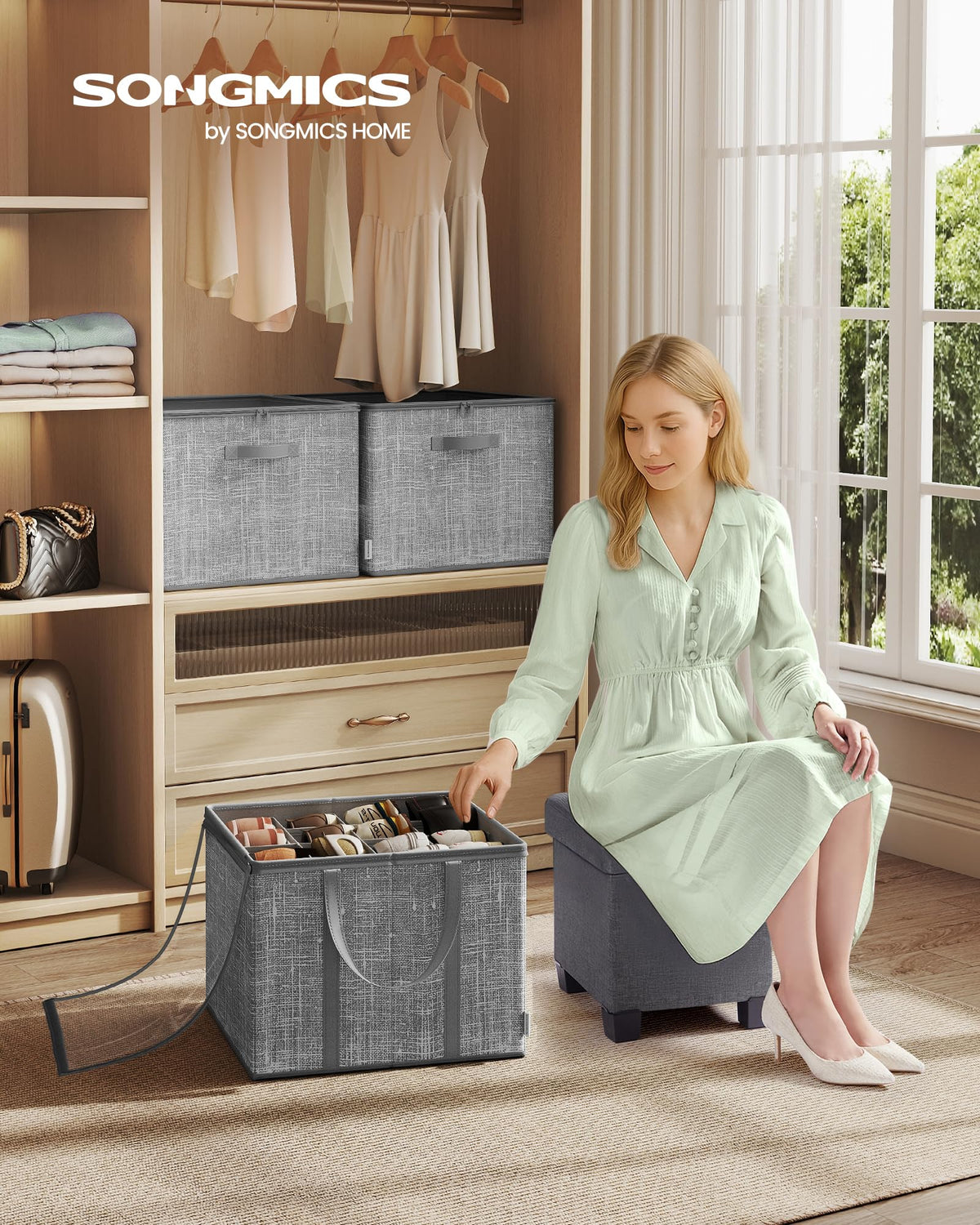 SongMICS closet bin folds flat for compact storage when not in use.