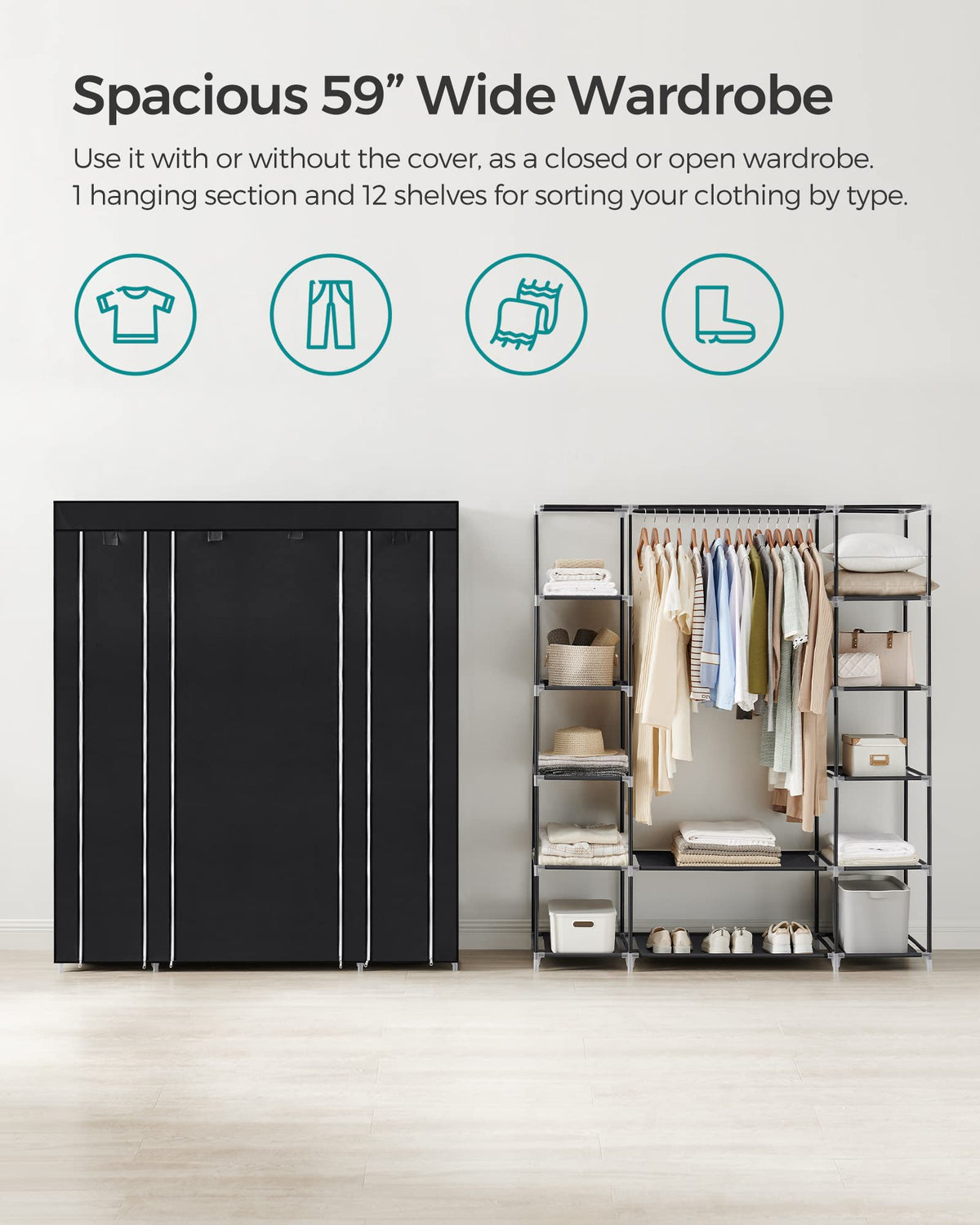 SONGMICS storage with twelve shelves keeps coats, linens, and folded items tidy